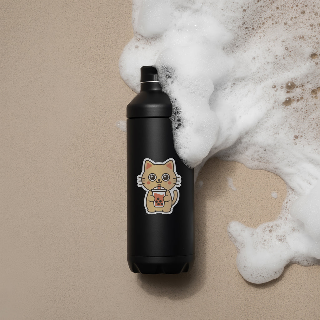 Black water bottle with a cat design on a beige background with soap bubbles